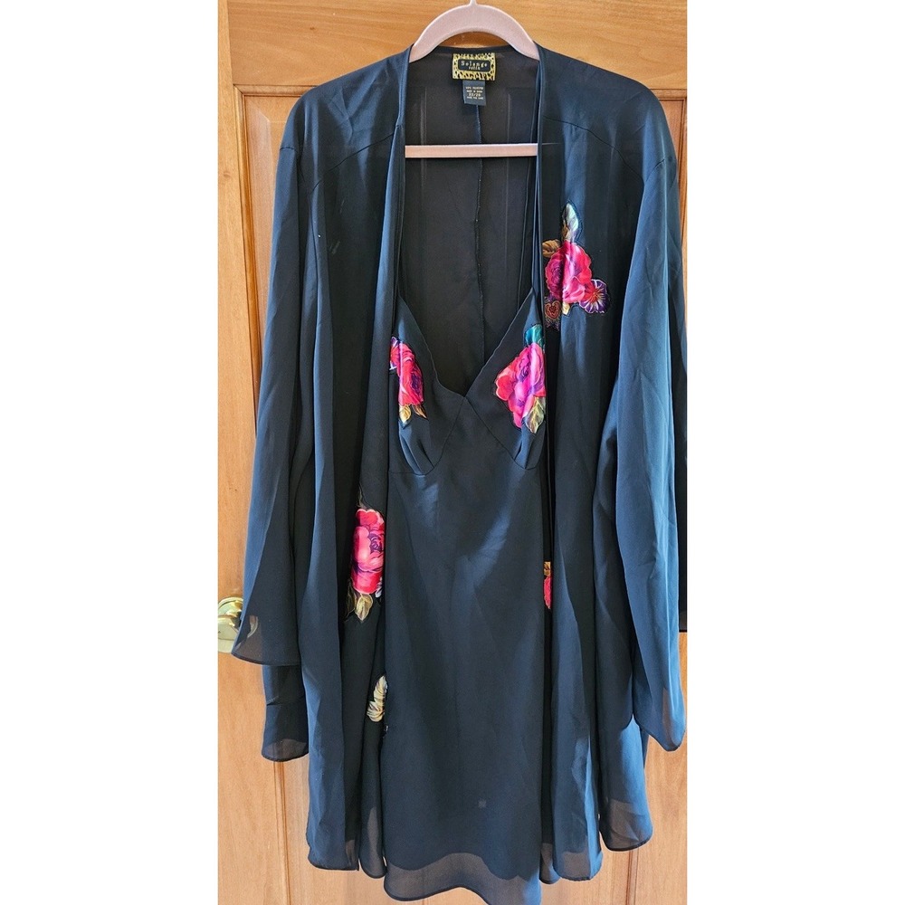 Vintage‎ Solange 2 Piece Satin Black Red Floral Chemise Babydoll Robe Sz 22/28